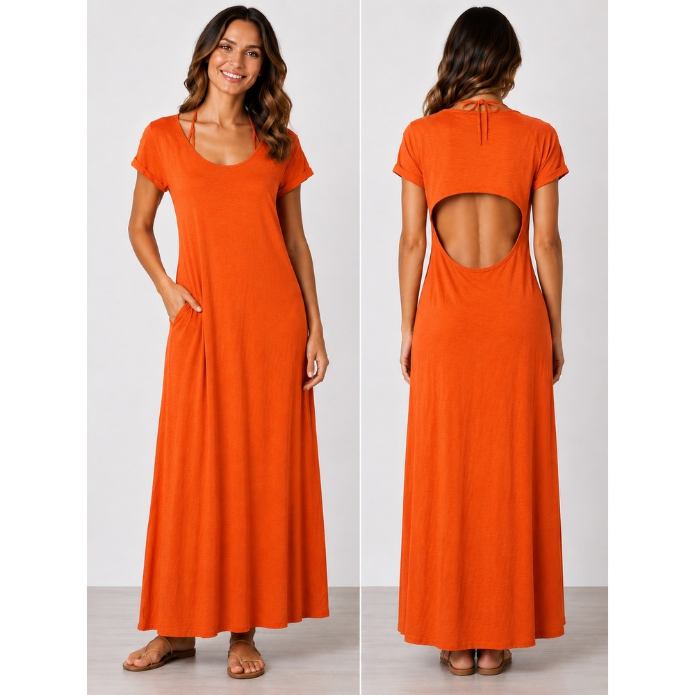 FP Beach Dress Womens M Orange Scoop Neck Backless Maxi T Shirt Beachy